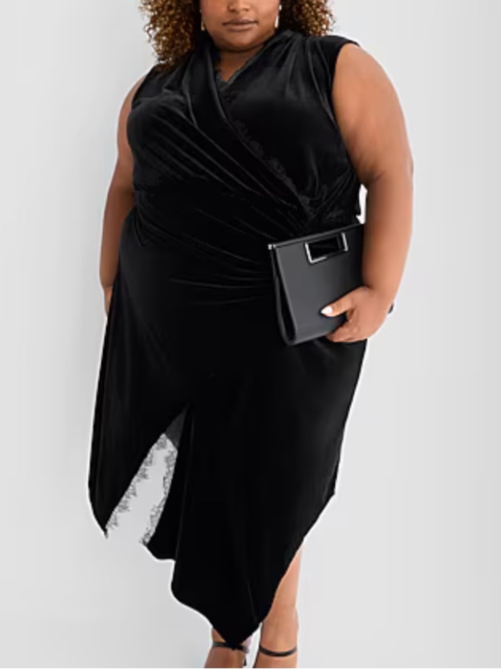 Ashley Graham Womn 1X Black Velvet Lace Edge Sleeveless Midi Faux Wrap Dress NWT